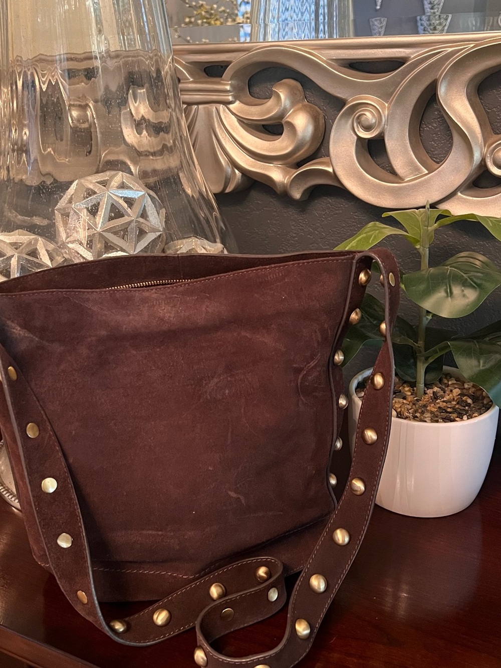 Brown Suede Stud-Trim Crossbody Bag